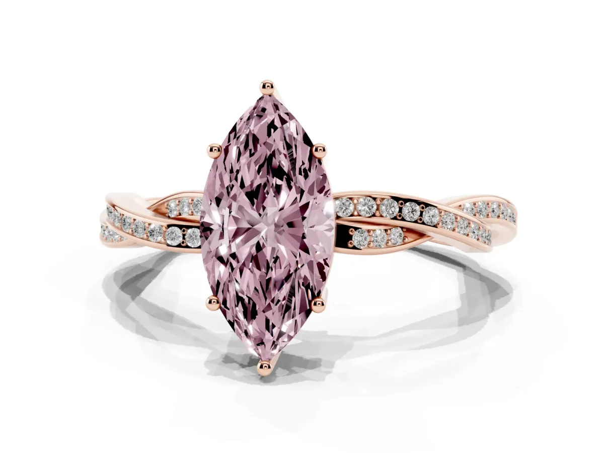 Fancy Pink Marquise Cut Solitaire Twisted Pave Diamond Ring with Four-Prong Setting Rose gold