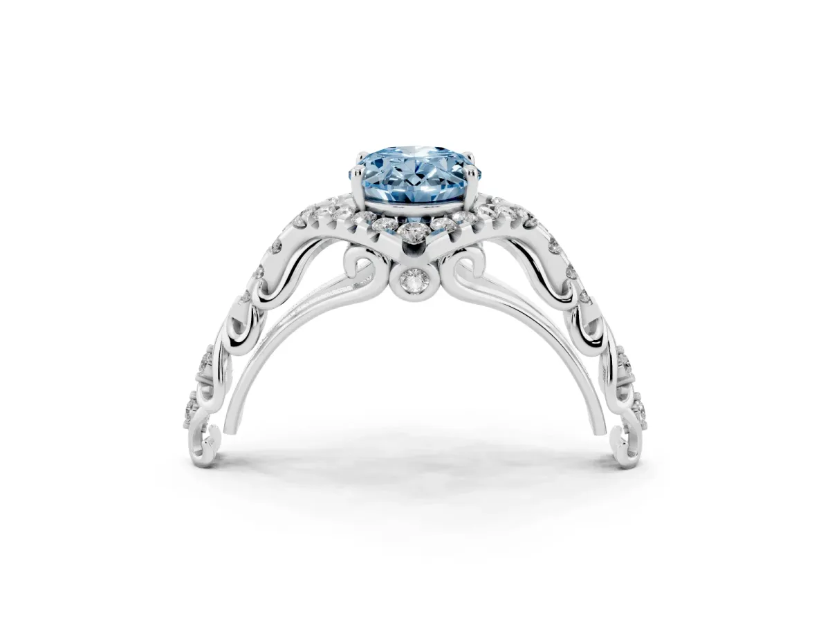 Fancy Blue Oval Cut Diamond Solitaire Ring with Hidden Halo and Pavé Band Platinum