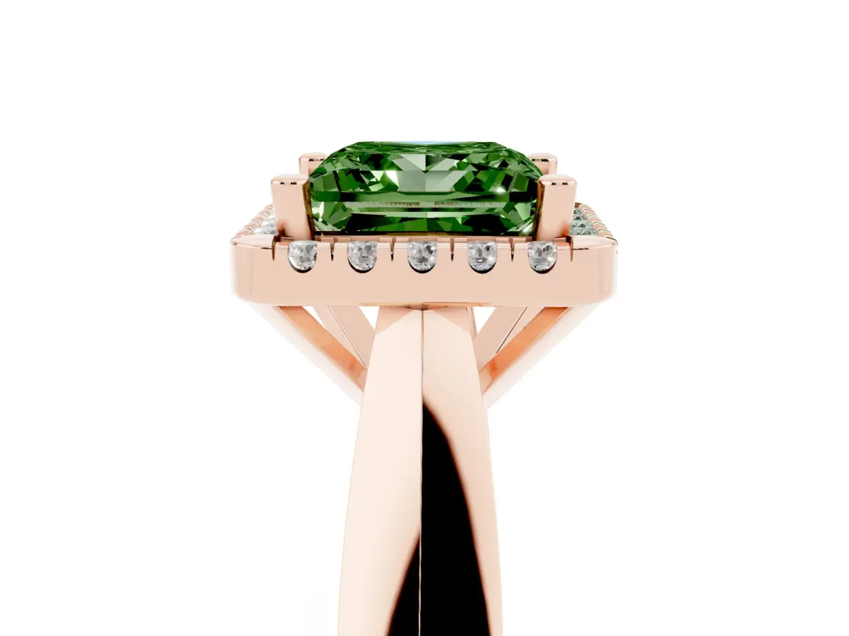 Fancy Green Princess Cut Cut Halo Solitaire Engagement Ring with Square Band and Four-Prong Setting Rose gold