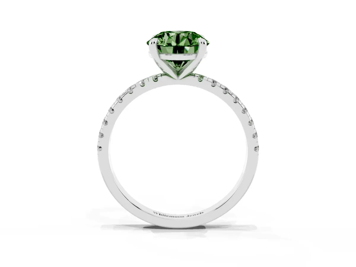 Fancy Green Round Cut Diamond Brilliant Solitaire Ring with Pavé Band and Four-Prong Setting White gold