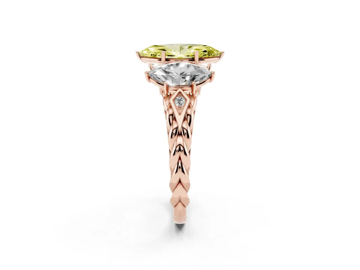Fancy Yellow Three-Stone Marquise Cut Diamond Braided Band Ring with Four-Prong Setting Rose gold