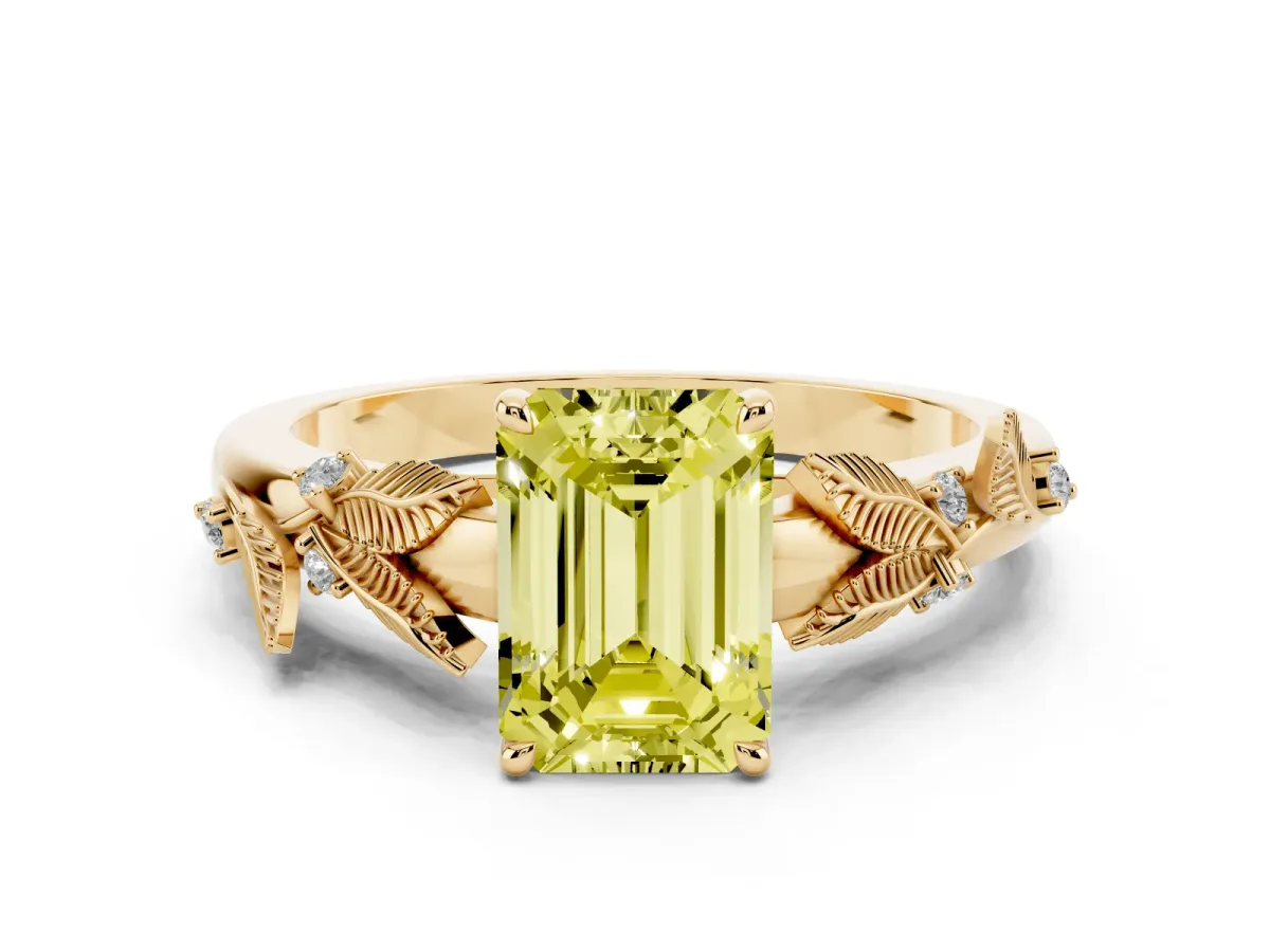 Fancy Yellow Emerald Cut Diamond Solitaire Ring with Leaf Motif Band and Four-Prong Setting Yellow gold