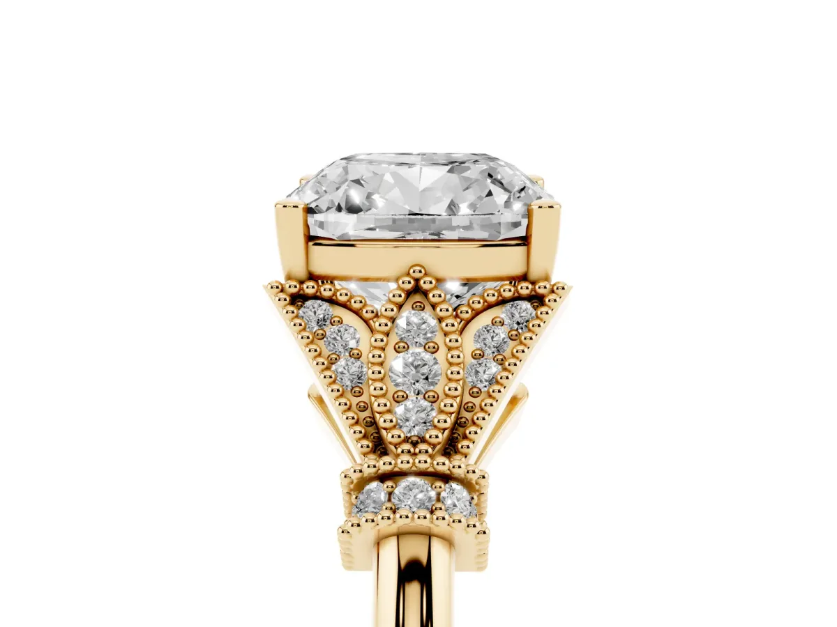 Cushion Cut Diamond Solitaire Ring with Floral Filigree and Pave Accents Yellow gold