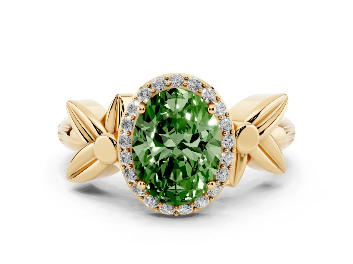 Fancy Green Oval Cut Halo Diamond Floral Band with Four-Prong Setting Yellow gold