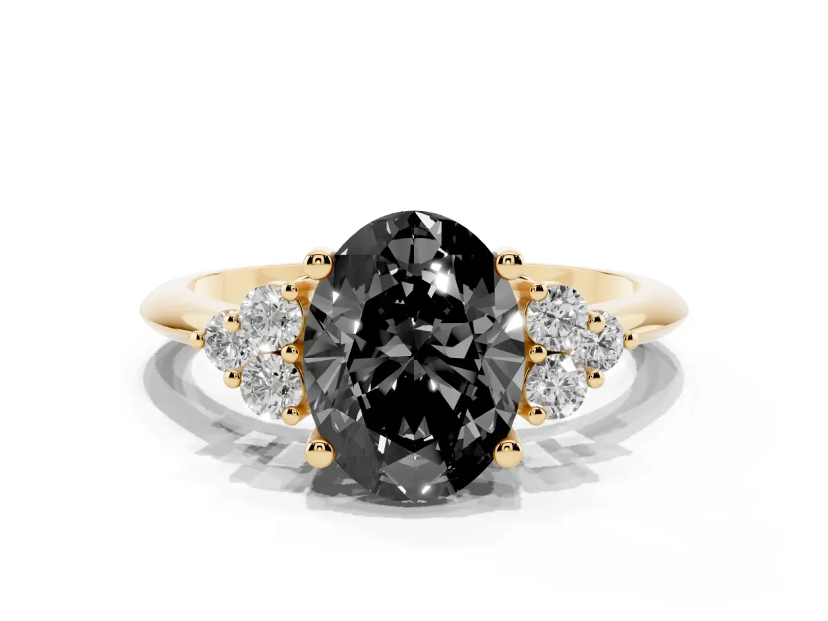 Fancy Black Oval Cut Cut Diamond Cluster Ring with Solitaire Band and Four-Prong Setting Yellow gold