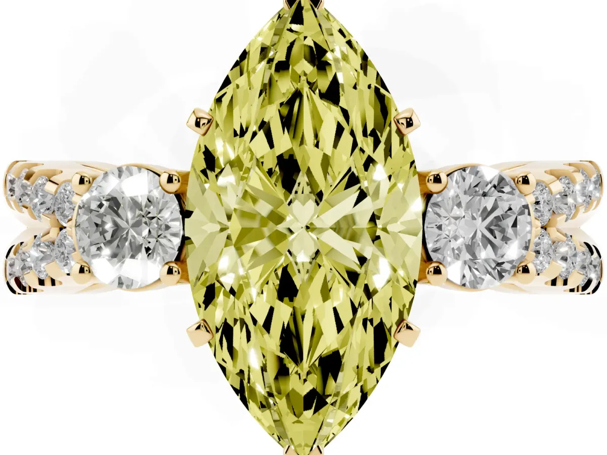 Fancy Yellow Marquise Cut Diamond Three-Stone Ring with Pavé Split Shank and Four-Prong Setting Yellow gold