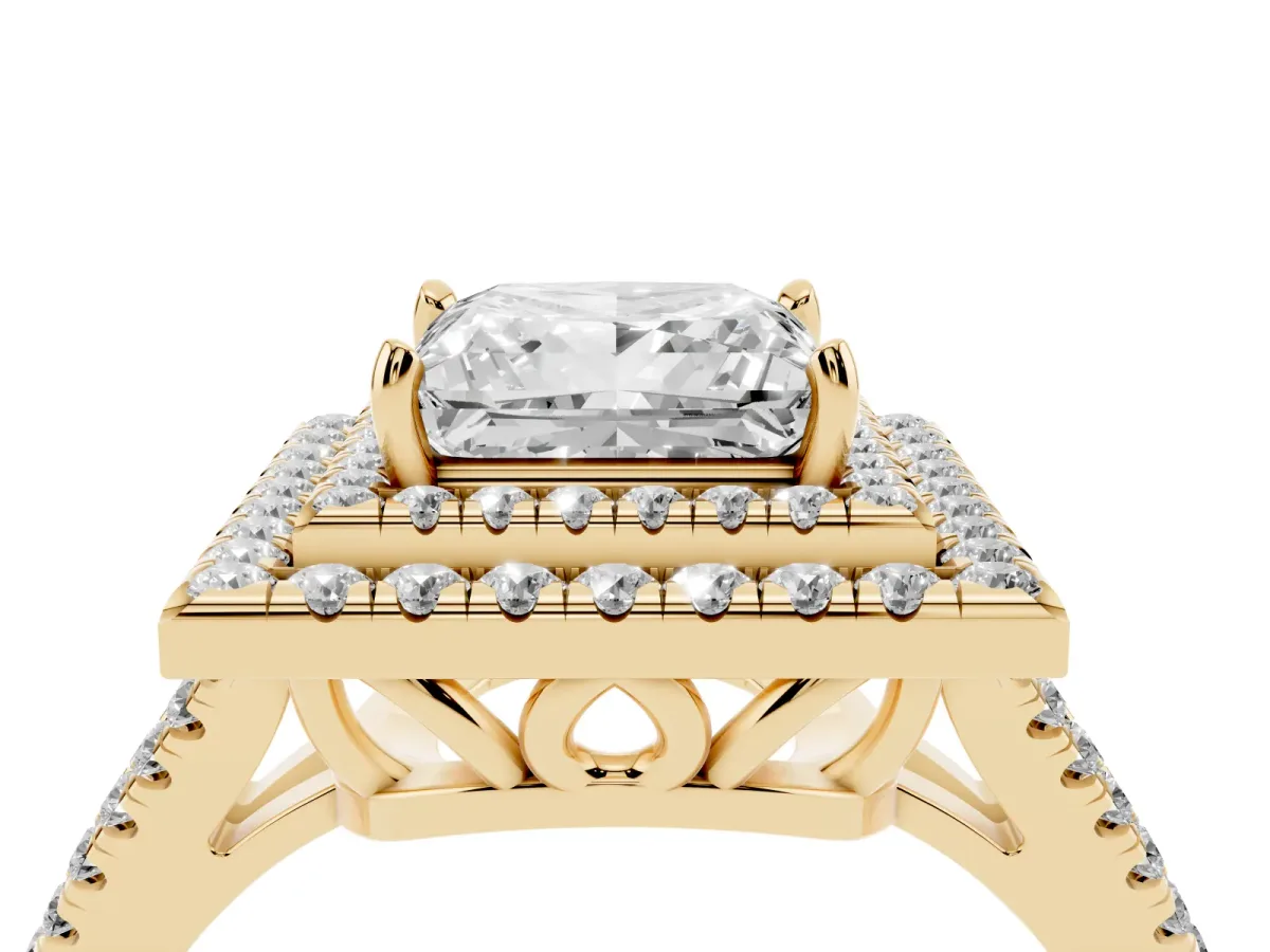 Princess Cut Diamond Double Halo Ring with Pavé Band and Prong Setting Yellow gold