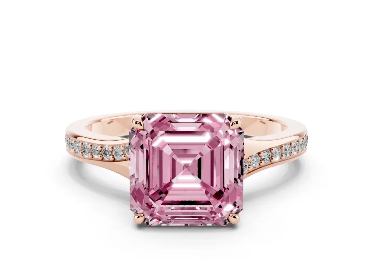 Fancy Pink Asscher Cut Diamond Solitaire Ring with Pavé Band and Prong Setting Rose gold