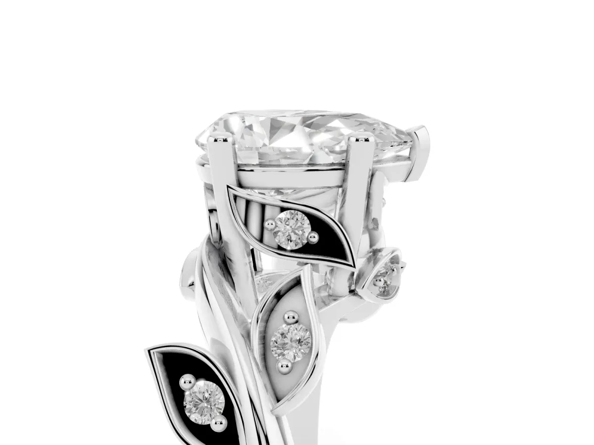 Pear Cut Solitaire Twist Engagement Ring with Leaf Accents and Prong Setting Silver