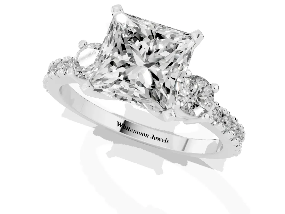 Princess Cut Three-Stone Diamond Pavé Band with Prong Setting White gold