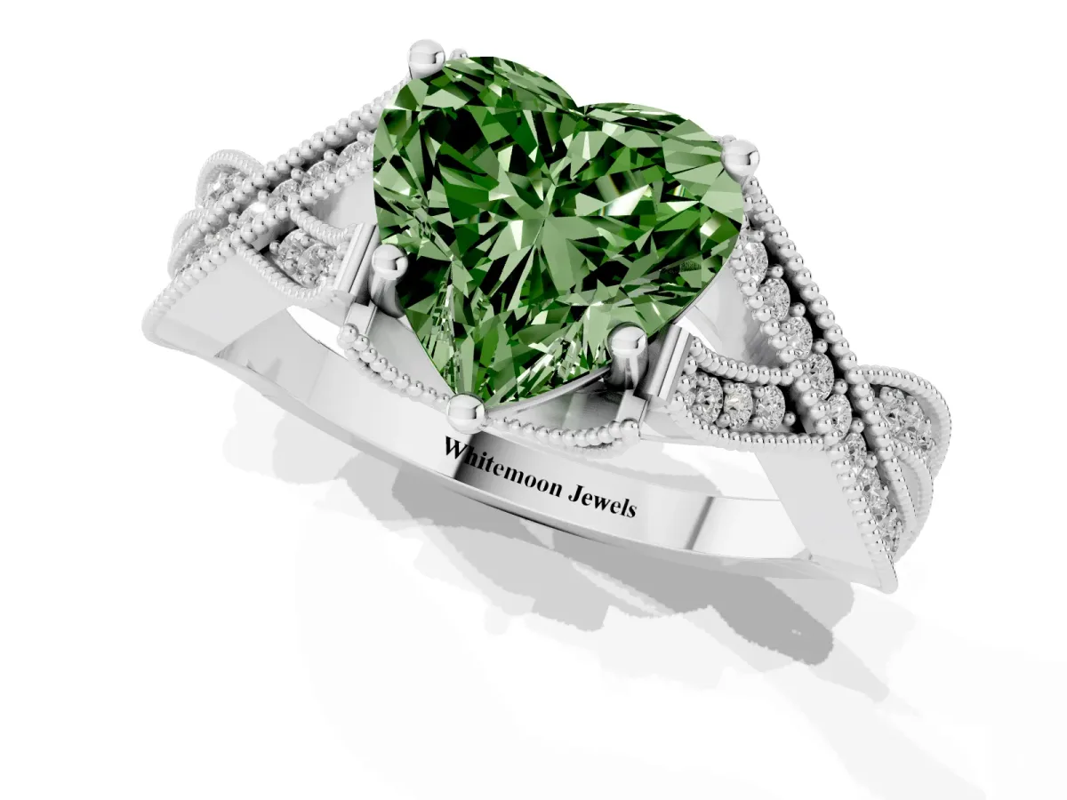 Fancy Green Heart Cut Cut Diamond Twisted Band with Milgrain Pave Setting and Four-Prong Setting White gold