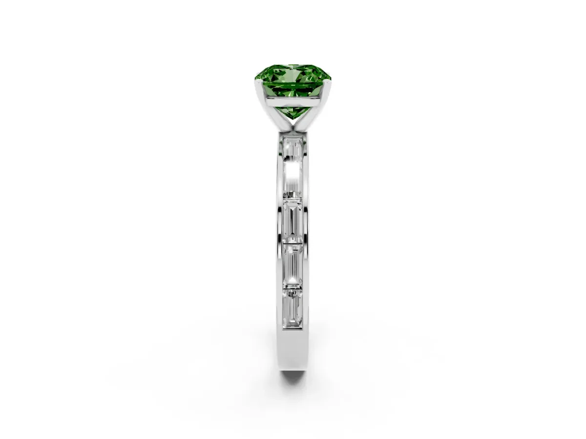 Fancy Green Cushion Cut Solitaire Diamond Ring with Channel-Set Baguette Band and Four-Prong Setting Silver