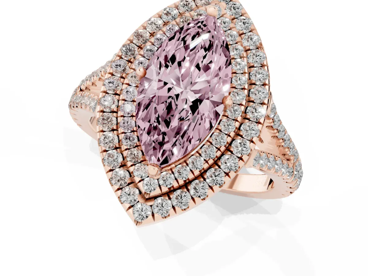 Fancy Pink Marquise Cut Diamond Double Halo Ring with Pavé Band and Prong Setting Rose gold