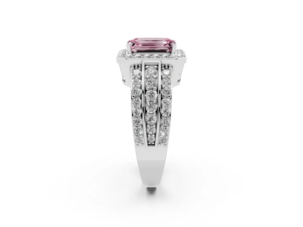 Fancy Pink Emerald Cut Halo Diamond Ring with Round Split Shank and Prong Setting White gold