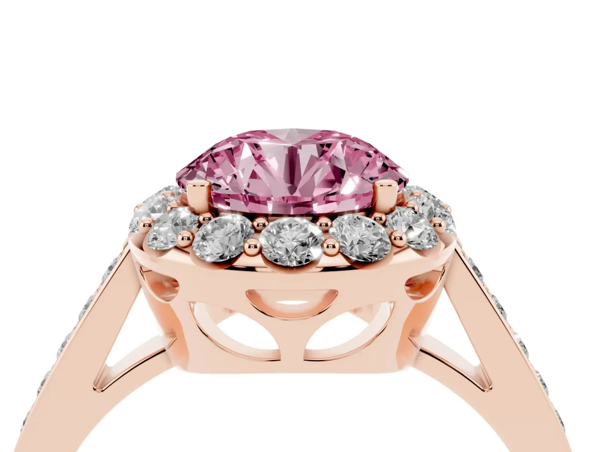 Fancy Pink Round Cut Diamond Floral Halo Ring with Pavé Band and Prong Setting Rose gold