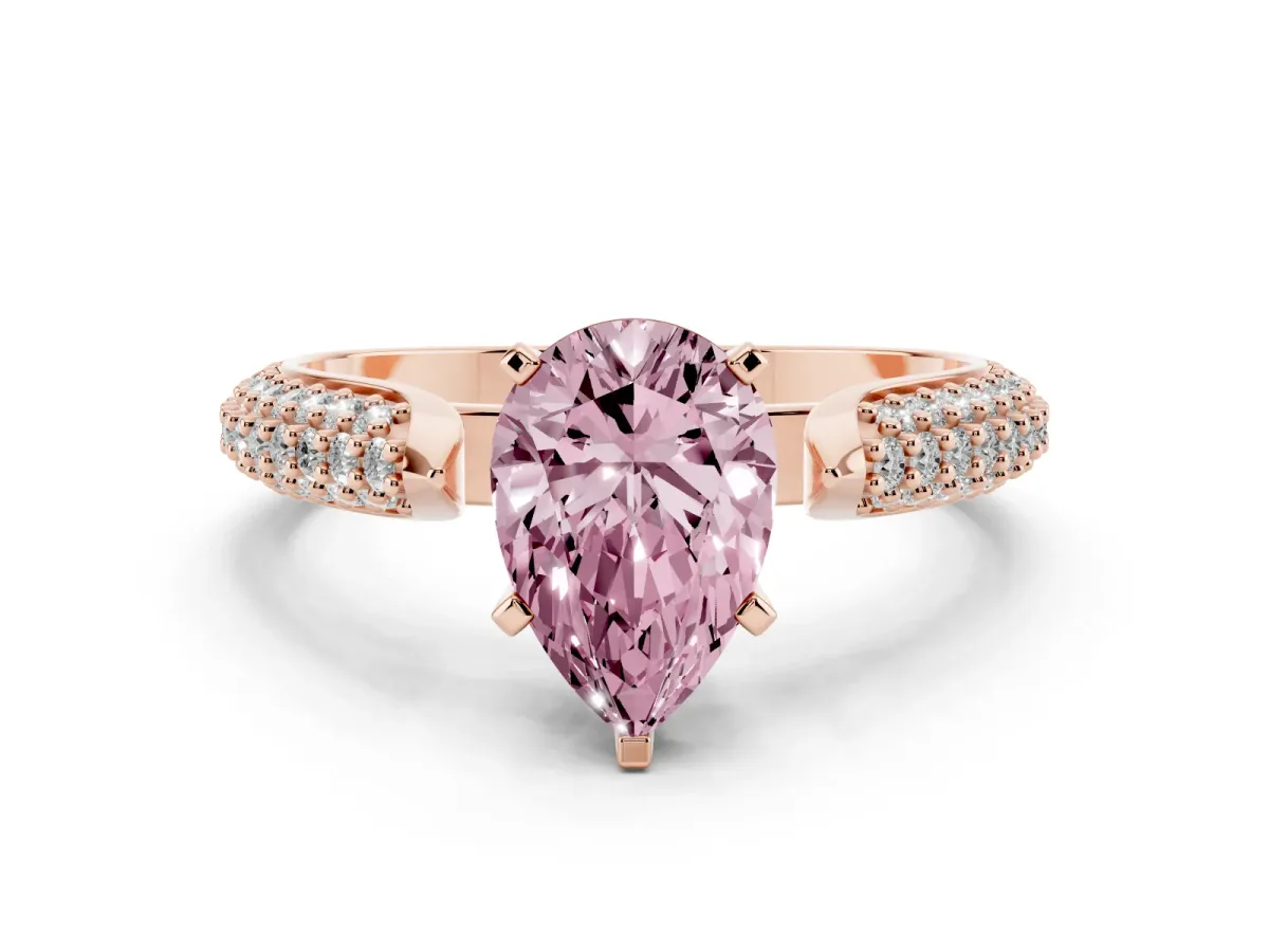 Fancy Pink Pear Cut Diamond Solitaire Engagement Ring with Multi-Row Round Pavé Band and Prong Setting Rose gold