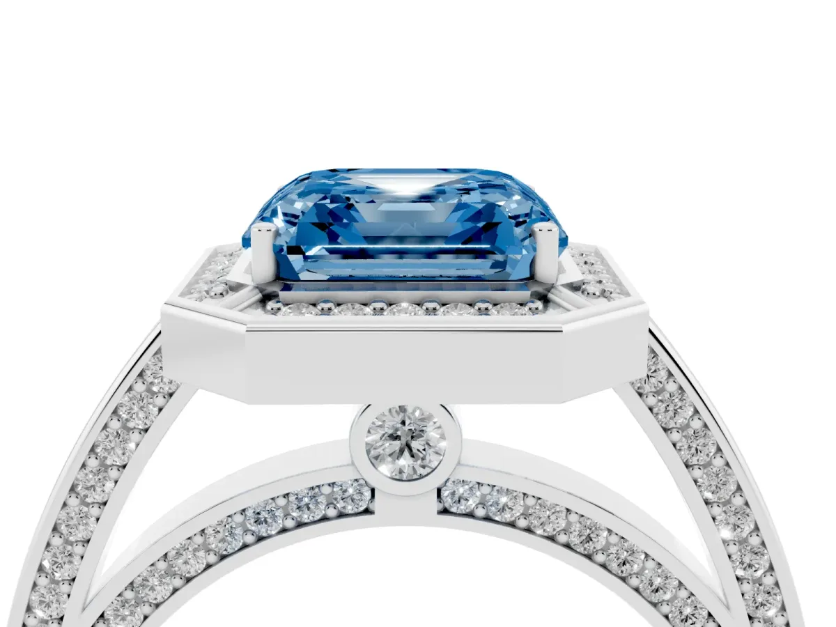 Fancy Blue Asscher Cut Cut Halo Pave Split Shank Prong Setting Ring Platinum