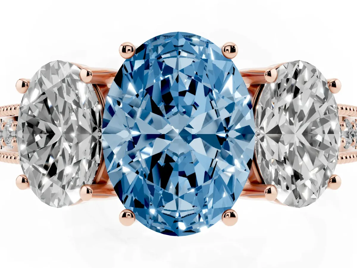 Fancy Blue Three-Stone Oval Cut Cut Milgrain Pavé Engagement Ring Rose gold