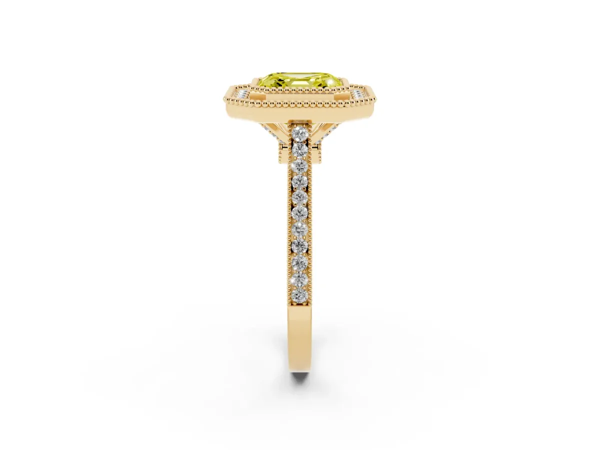 Fancy Yellow Asscher Cut Diamond Halo Ring with Milgrain Frame and Pavé Band Yellow gold