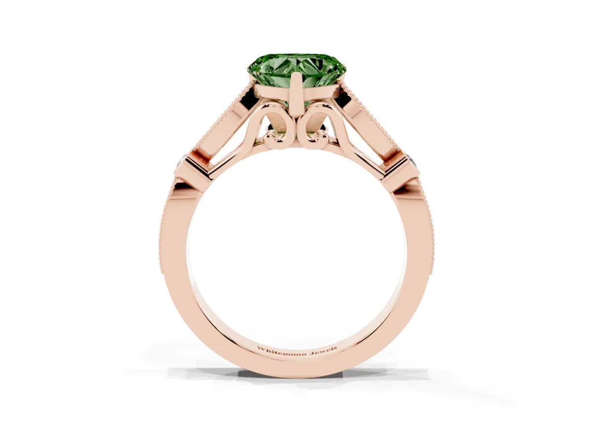 Fancy Green Heart Cut Cut Diamond with Milgrain Marquise and Bezel Accents on a Solitaire Band with Prong Setting Rose gold