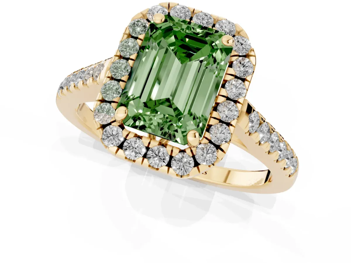 Fancy Green Emerald Cut Halo Pavé Diamond Engagement Ring with Four-Prong Setting Yellow gold