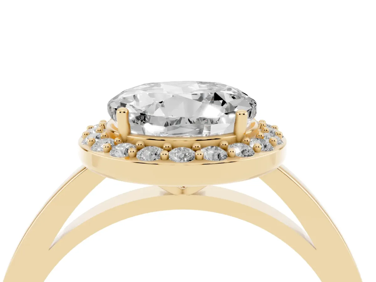 Round Cut Halo Diamond Ring with Solitaire Band and Prong Setting Yellow gold