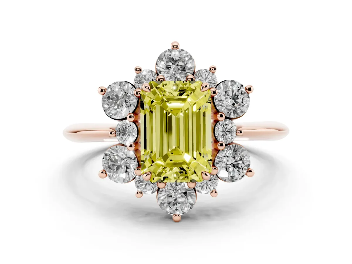 Fancy Yellow Emerald Cut Diamond Cluster Halo Ring with Solitaire Band and Four-Prong Setting Rose gold