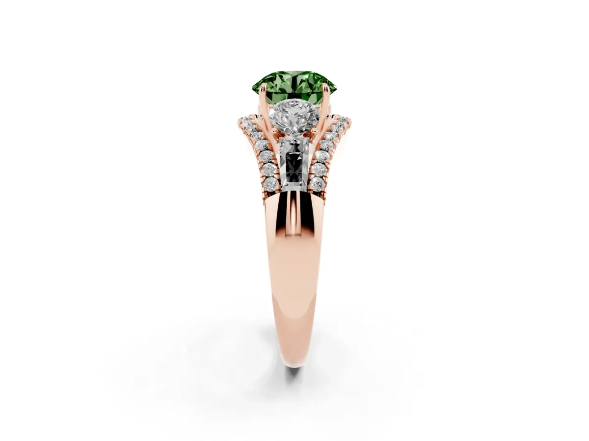 Fancy Green Three-Stone Round Cut Diamond Engagement Ring with Pave Band and Prong Setting Rose gold