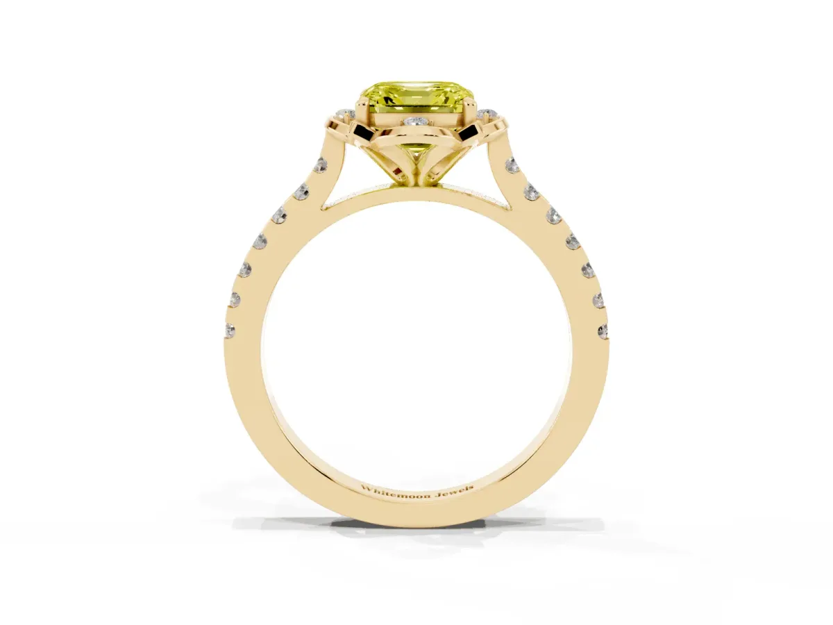 Fancy Yellow Asscher Cut Diamond Ring with Pavé Band and Floral Prong Setting Yellow gold