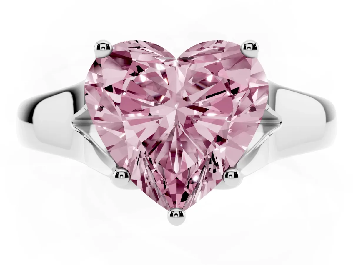 Fancy Pink Heart Cut Solitaire Diamond Ring with Cathedral Band and Four-Prong Setting Silver
