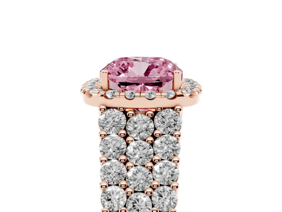 Fancy Pink Cushion Cut Diamond Halo Engagement Ring with Triple Row Round Pavé Band and Prong Setting Rose gold