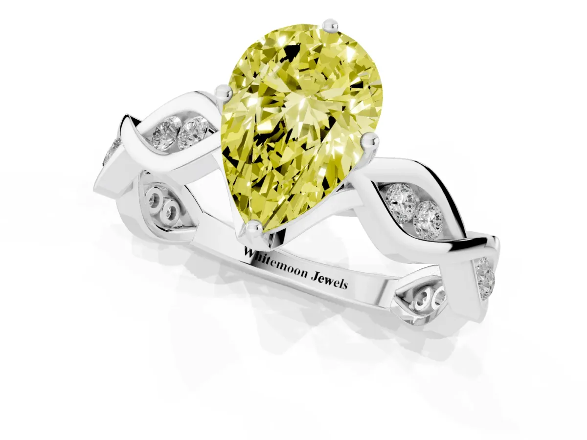 Fancy Yellow Pear Cut Solitaire Twist Band with Leaf Prong Setting White gold