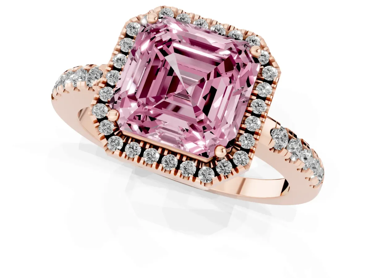 Fancy Pink Asscher Cut Halo Diamond Engagement Ring with Pavé Band and Four-Prong Setting Rose gold