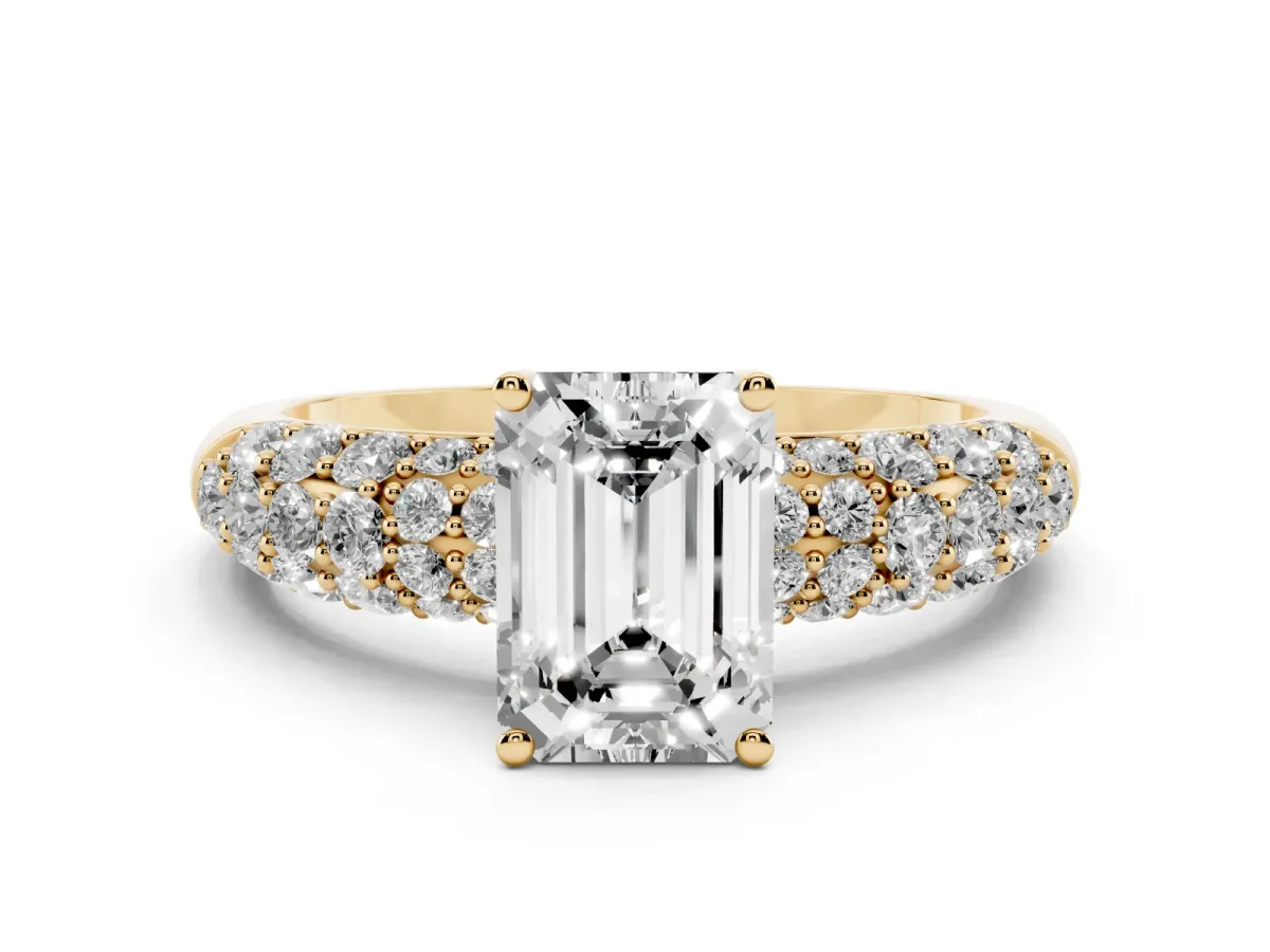 Emerald Cut Diamond Pavé Band Solitaire Ring with Four-Prong Setting Yellow gold