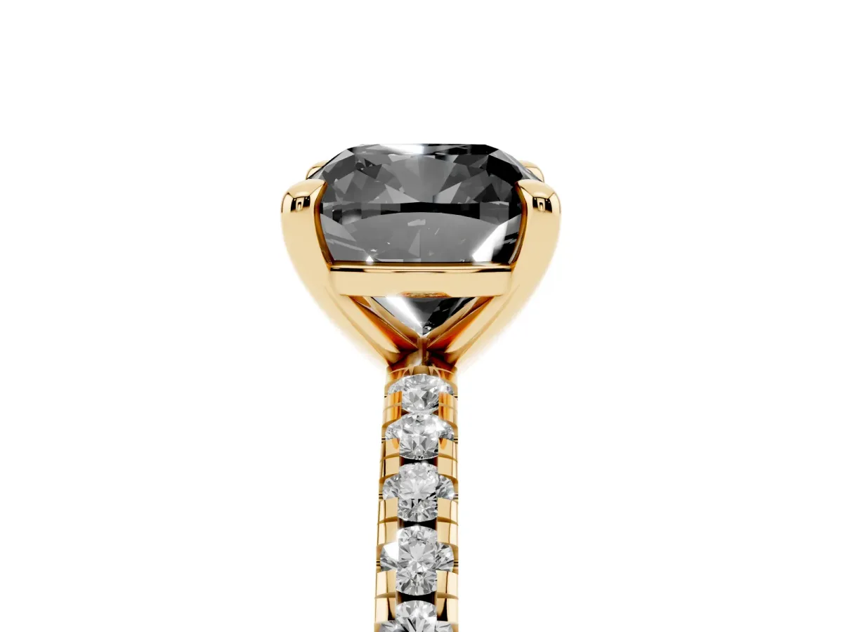 Fancy Black Cushion Cut Diamond Brilliant Solitaire Ring with Pavé Band and Four-Prong Setting Yellow gold