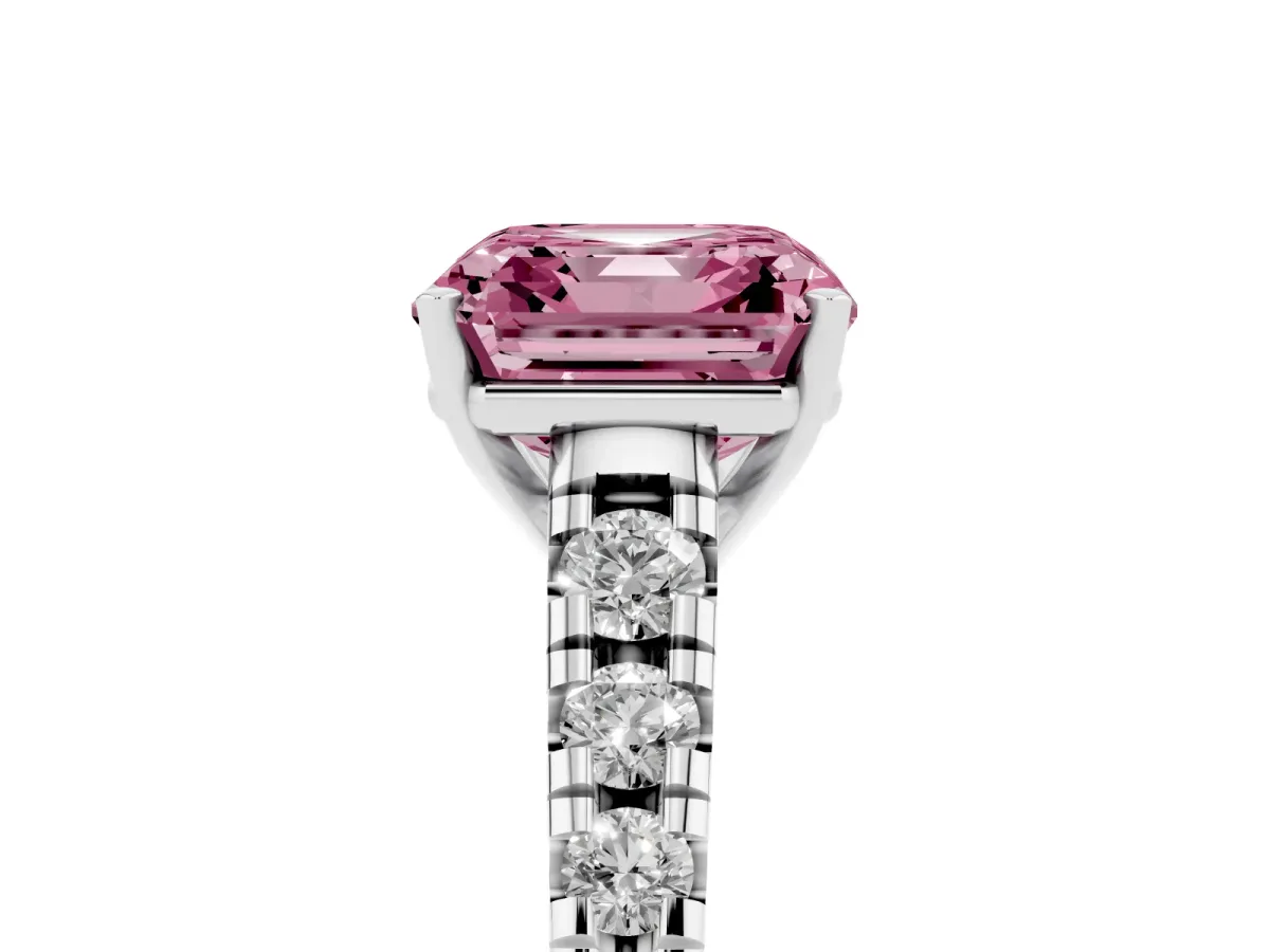 Fancy Pink Asscher Cut Diamond Cathedral Solitaire Ring with Round Pavé Band Silver