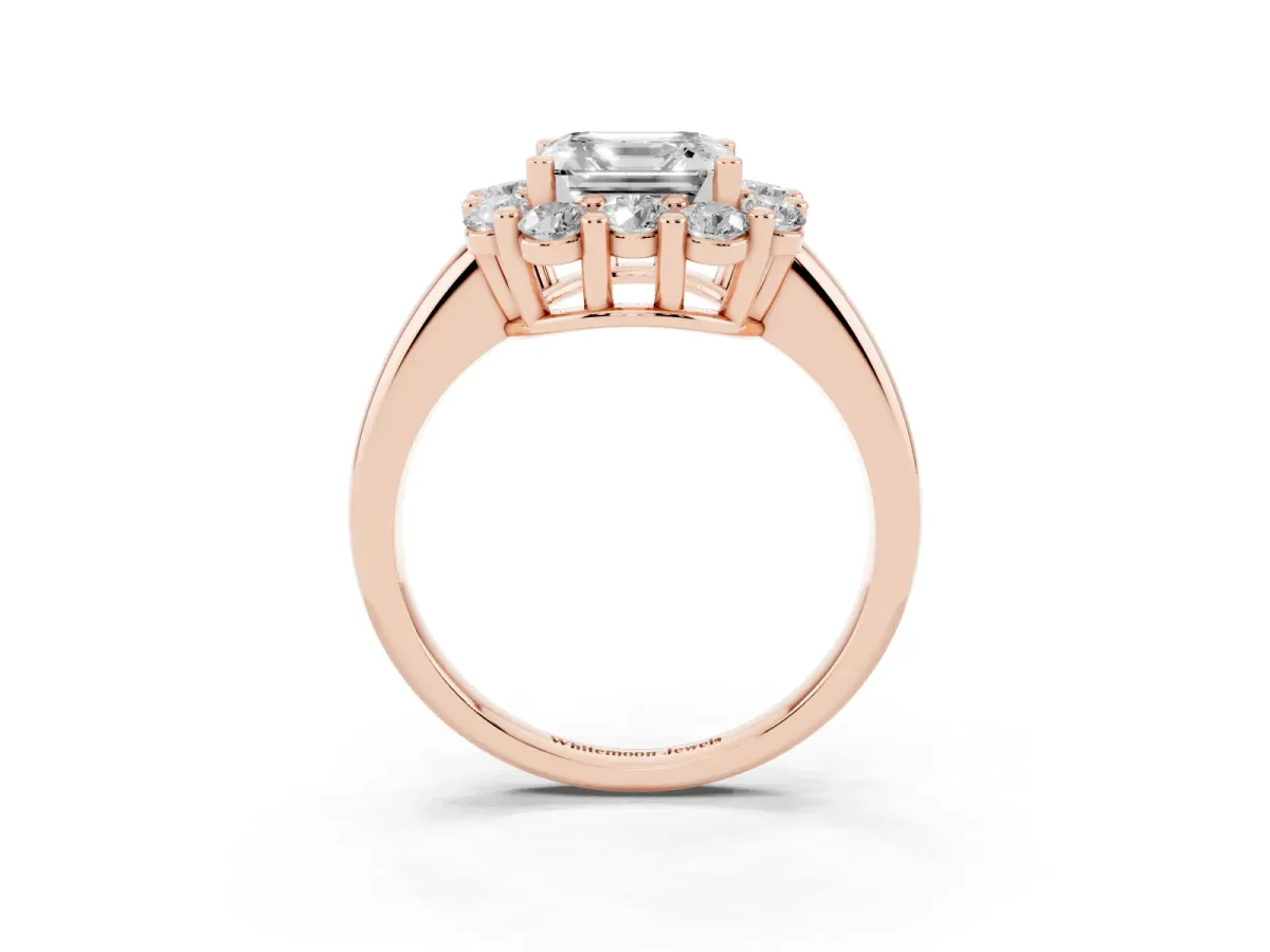 Asscher Cut Halo Cluster Diamond Engagement Ring with Prong Setting and Polished Band Rose gold