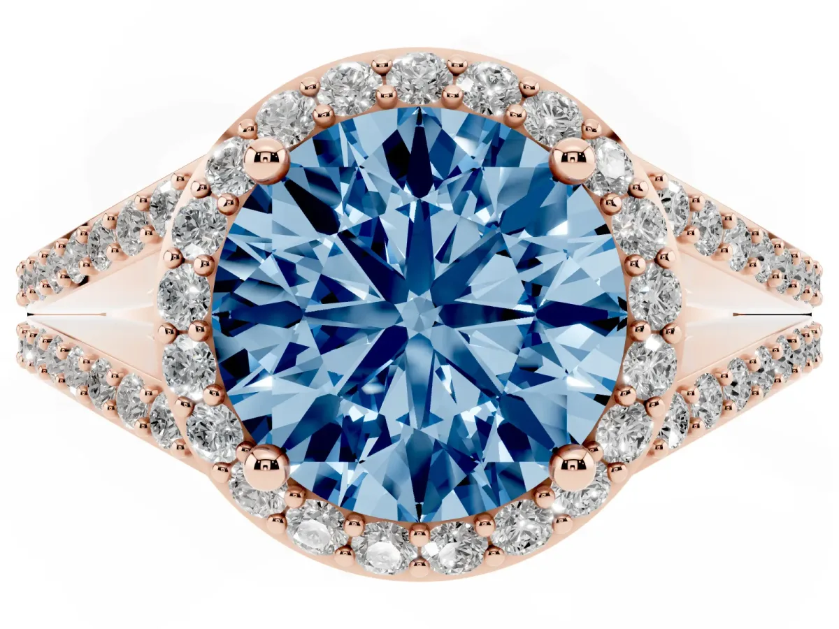 Fancy Blue Round Cut Halo Split Shank Pave Diamond Ring with Four-Prong Setting Rose gold