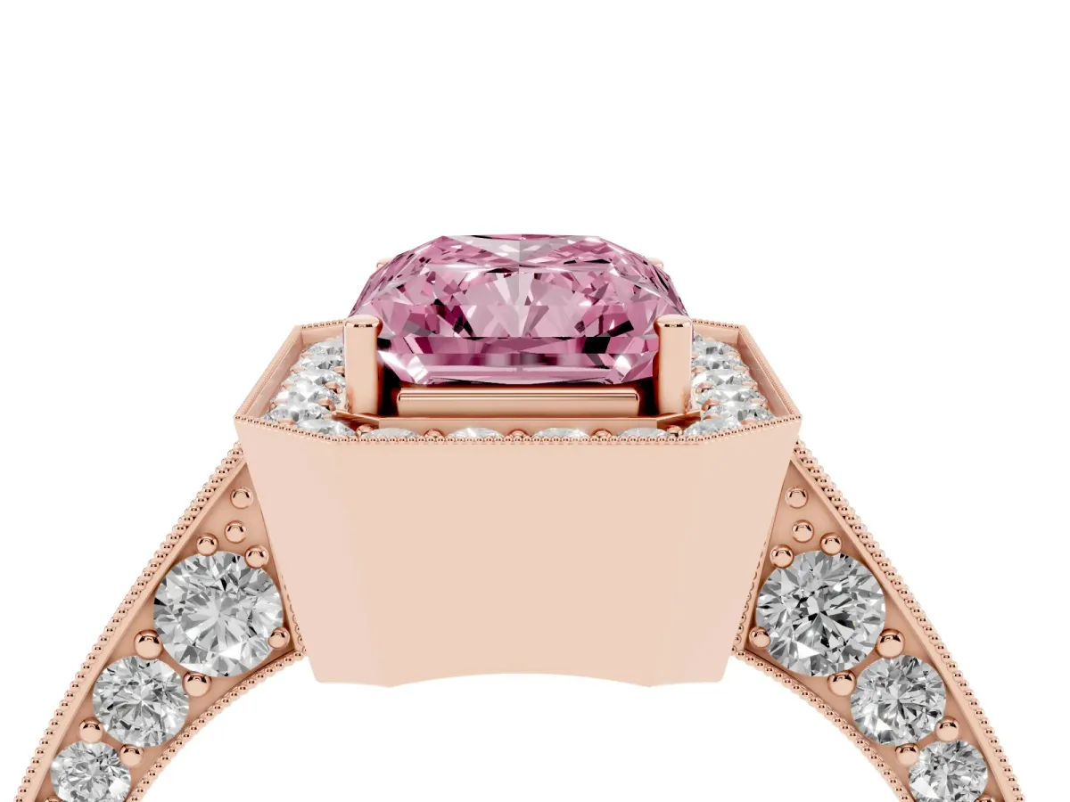 Fancy Pink Radiant Cut Halo Diamond Engagement Ring with Split Shank Band and Four-Prong Setting Rose gold