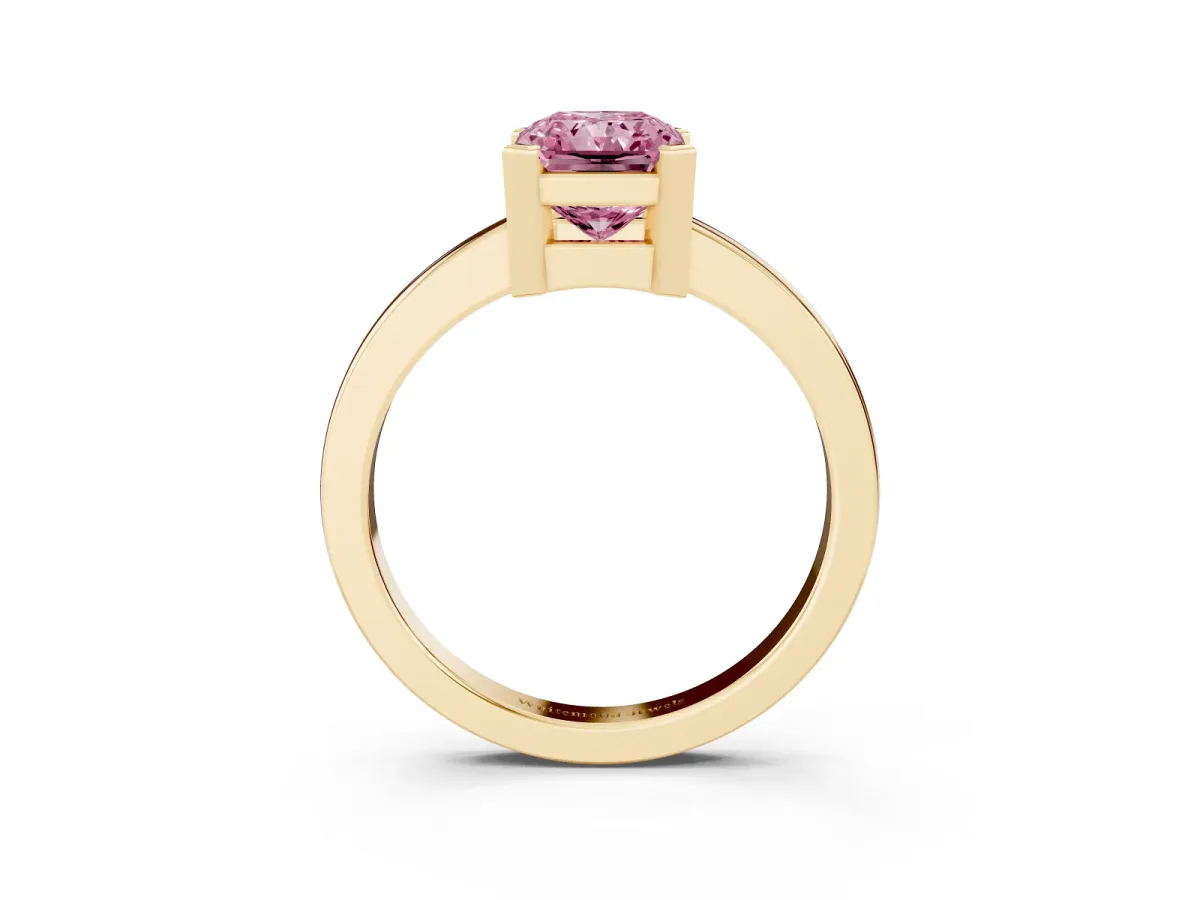 Fancy Pink Radiant Cut Cut Solitaire Ring with Four-Prong Setting and Classic Band Yellow gold