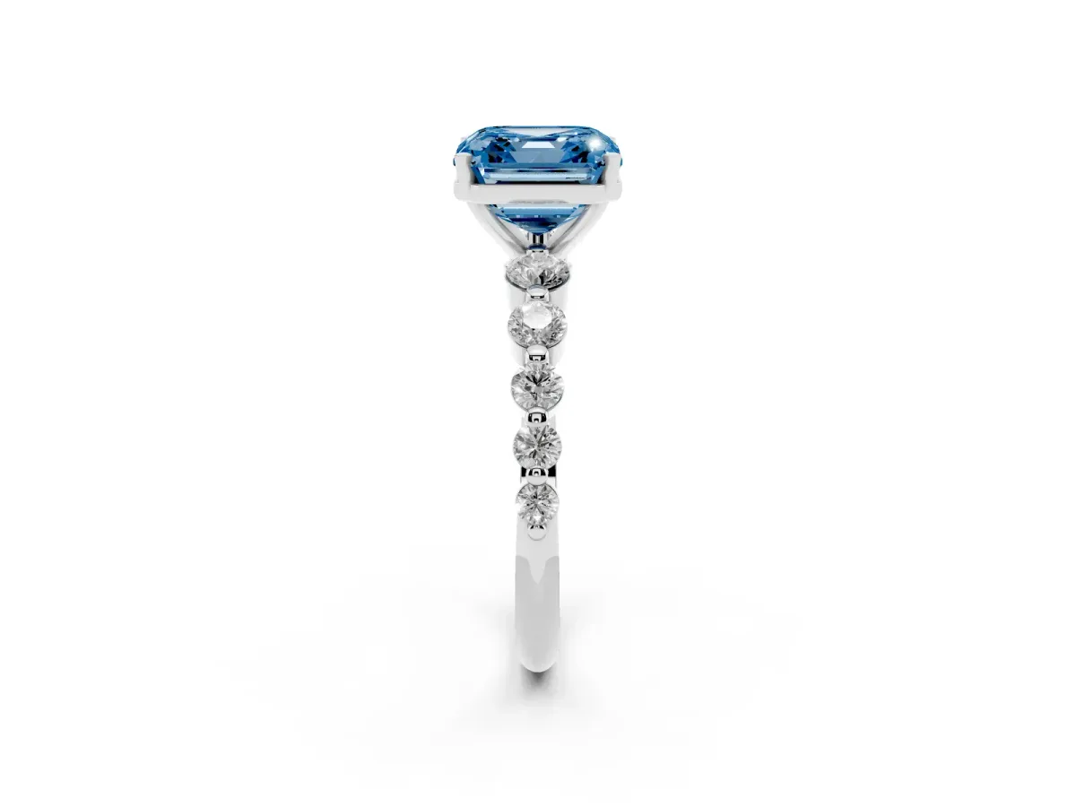 Fancy Blue Asscher Cut Solitaire Diamond Ring with Pave Band and Four-Prong Setting Silver