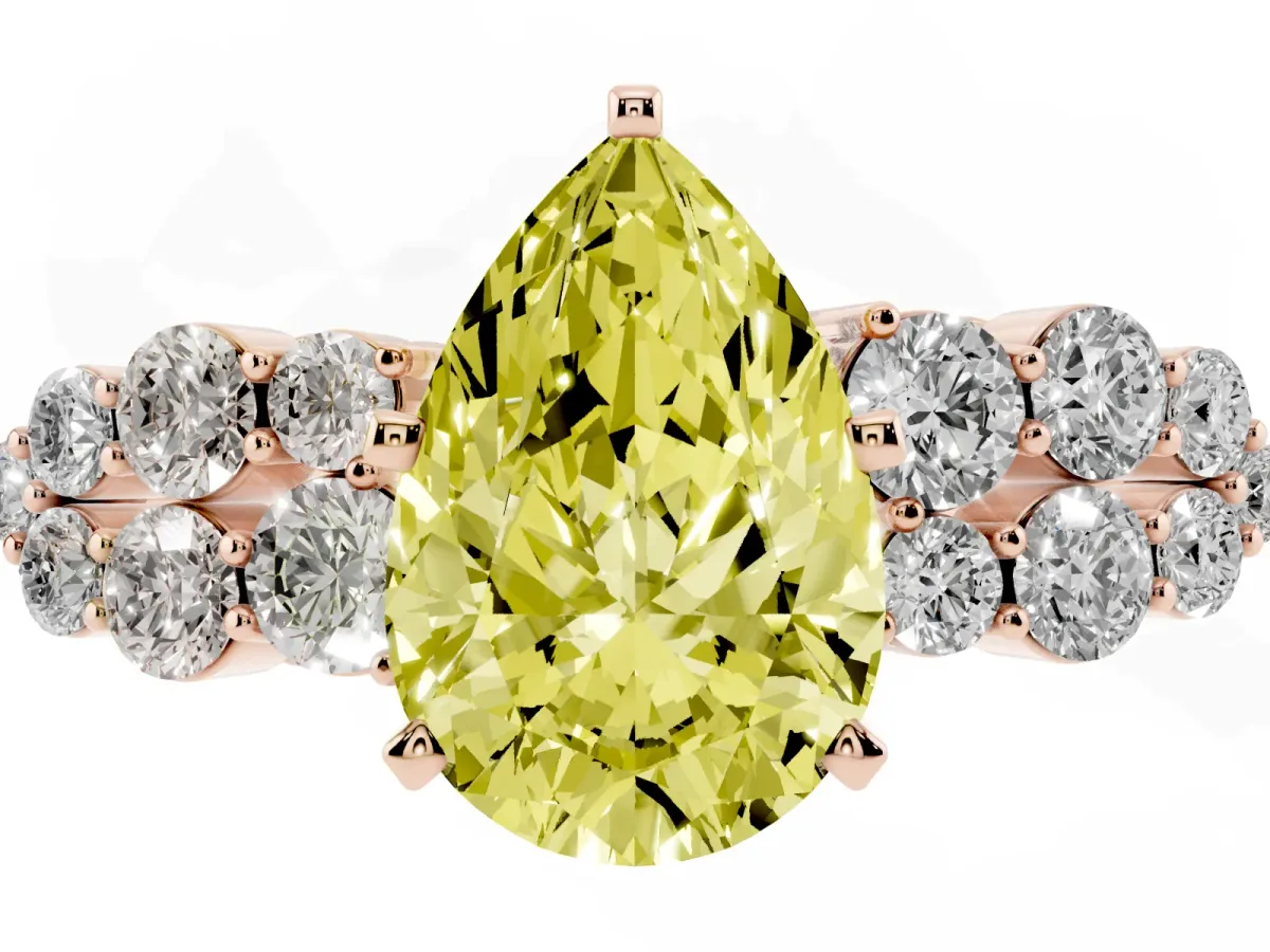 Fancy Yellow Pear Cut Cluster Diamond Engagement Ring with Pavé Band and Four-Prong Setting Rose gold