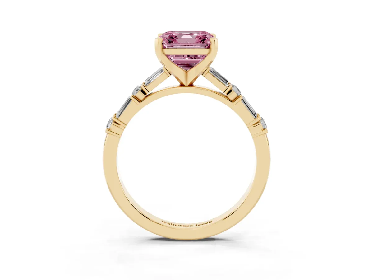 Fancy Pink Asscher Cut Diamond Solitaire with Side Baguettes and Channel Set Band Yellow gold