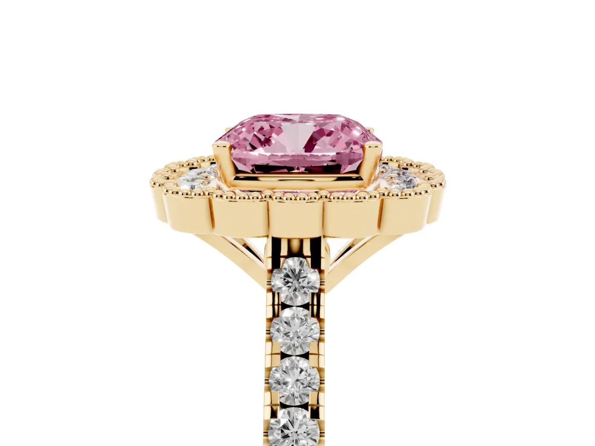 Fancy Pink Cushion Cut Cut Diamond Milgrain Floral Halo Engagement Ring with Pavé Band Yellow gold