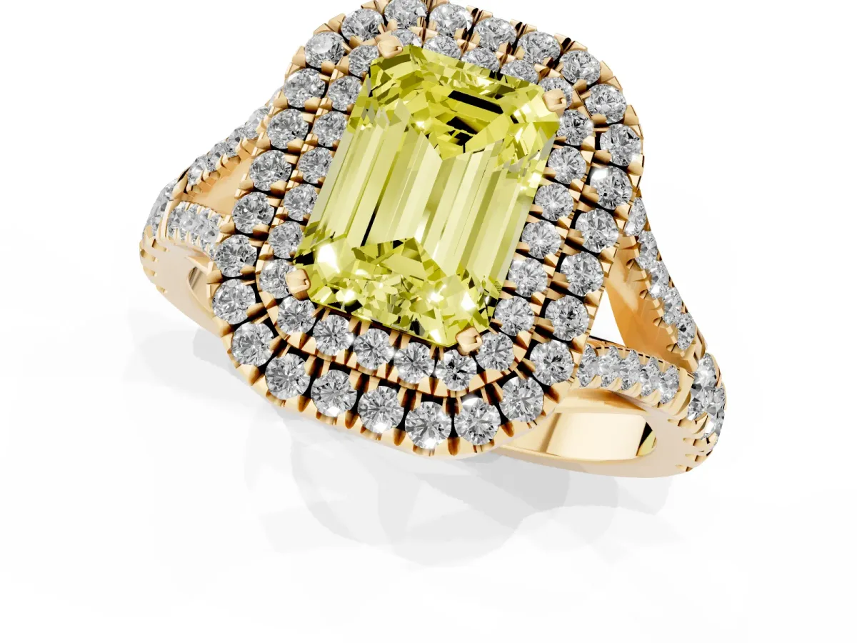 Fancy Yellow Emerald Cut Diamond Pavé Split Shank Double Halo Engagement Ring Yellow gold