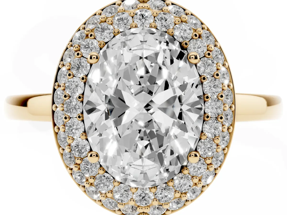 Oval Cut Halo Diamond Engagement Ring with Solitaire Band and Four-Prong Setting Yellow gold