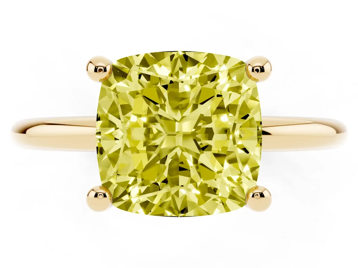 Fancy Yellow Cushion Cut Solitaire Diamond Ring with 4-Prong Setting on a Classic Band Yellow gold