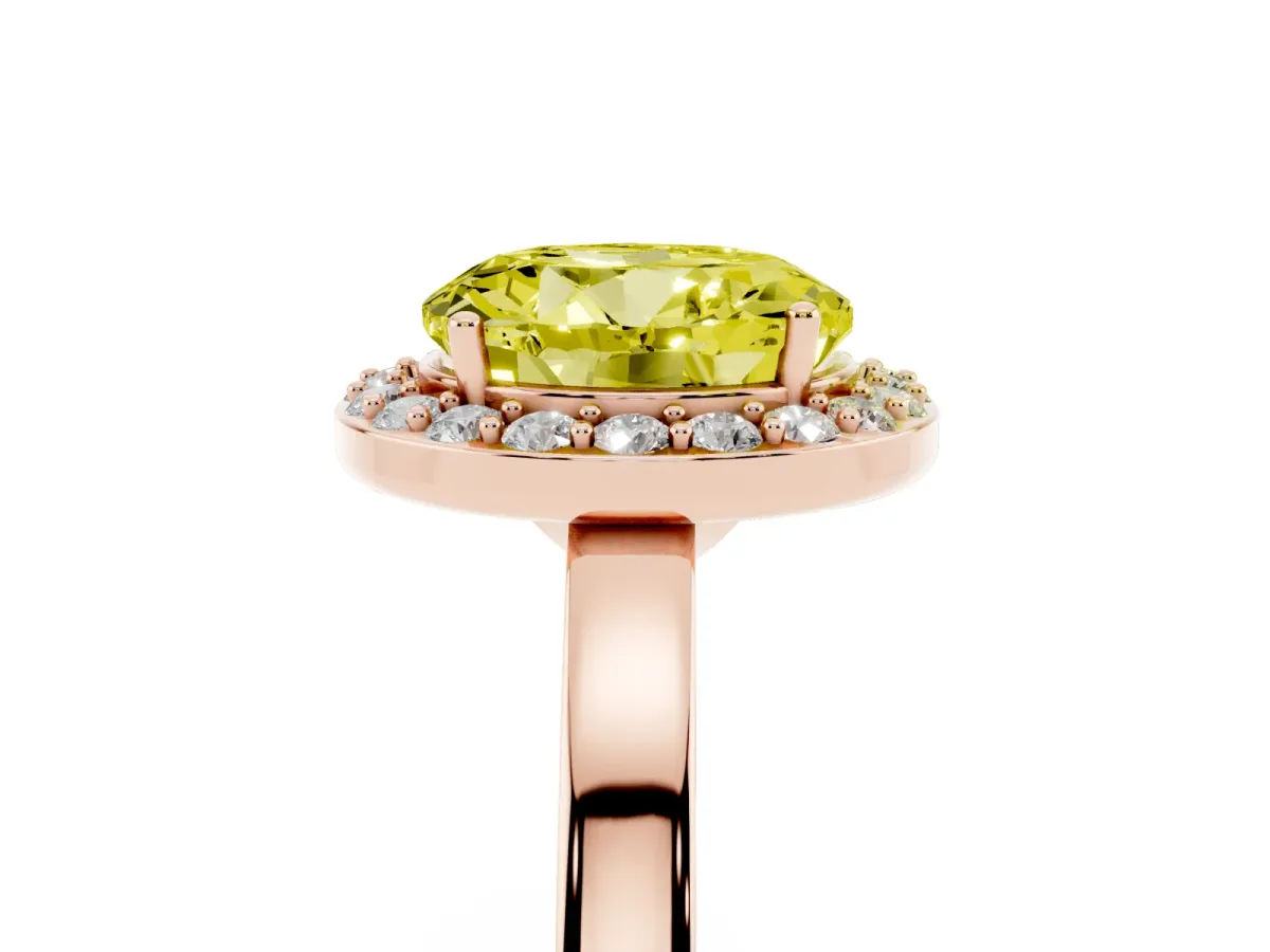 Fancy Yellow Round Cut Halo Diamond Ring with Solitaire Band and Prong Setting Rose gold