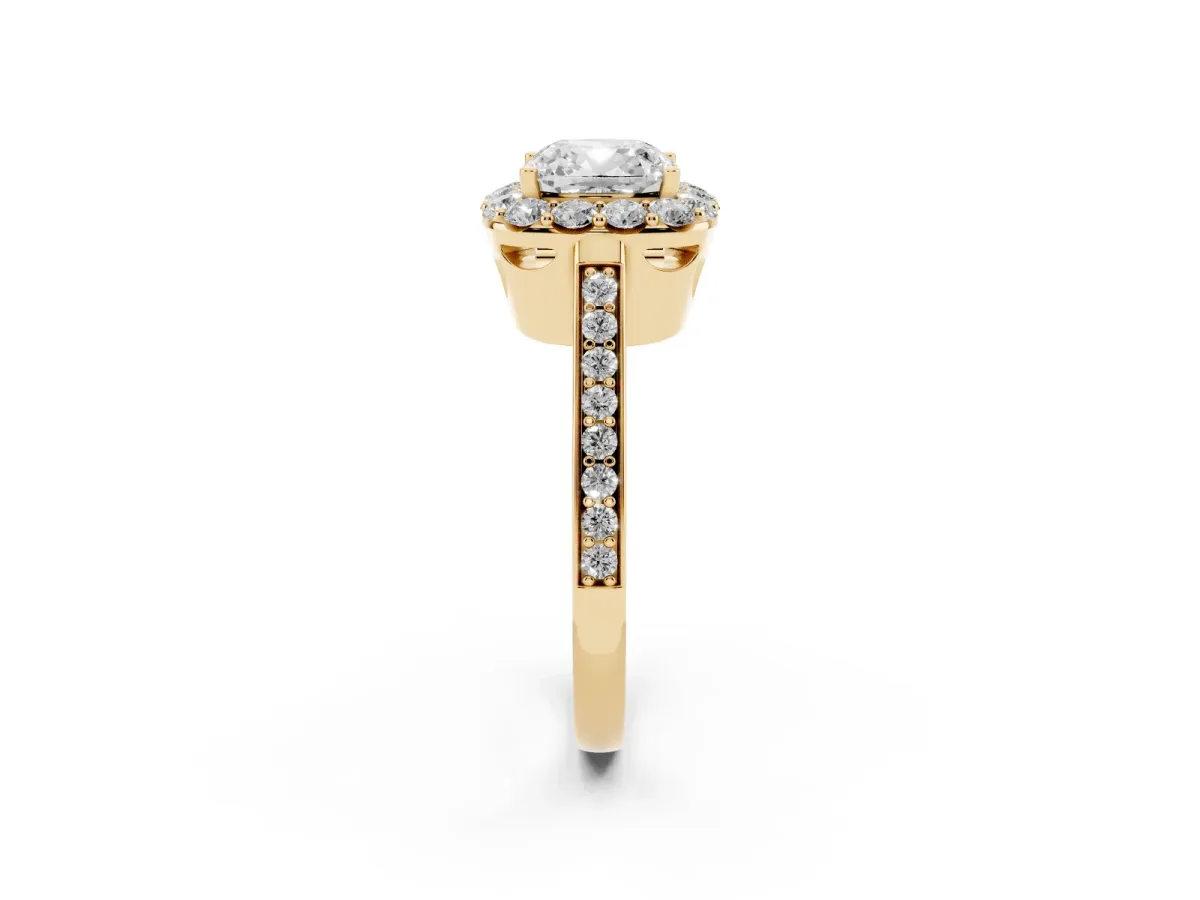Cushion Cut Diamond Floral Halo Ring with Pavé Band and Prong Setting Yellow gold