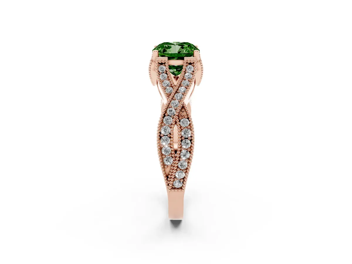 Fancy Green Cushion Cut Cut Diamond Twisted Band with Milgrain Pave Setting and Four-Prong Setting Rose gold